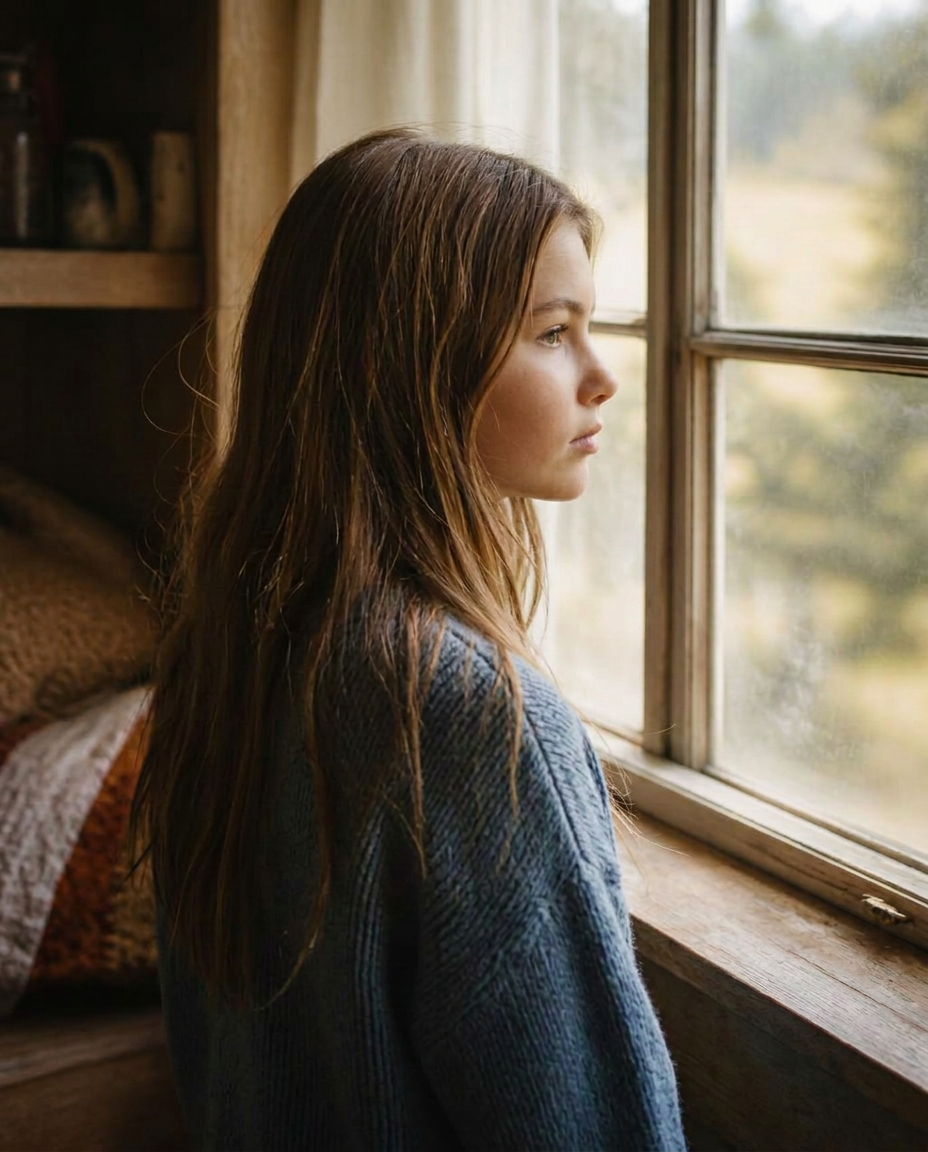 A young girl sitting thoughtfully beside a sunlit window, gazing out in quiet reflection.