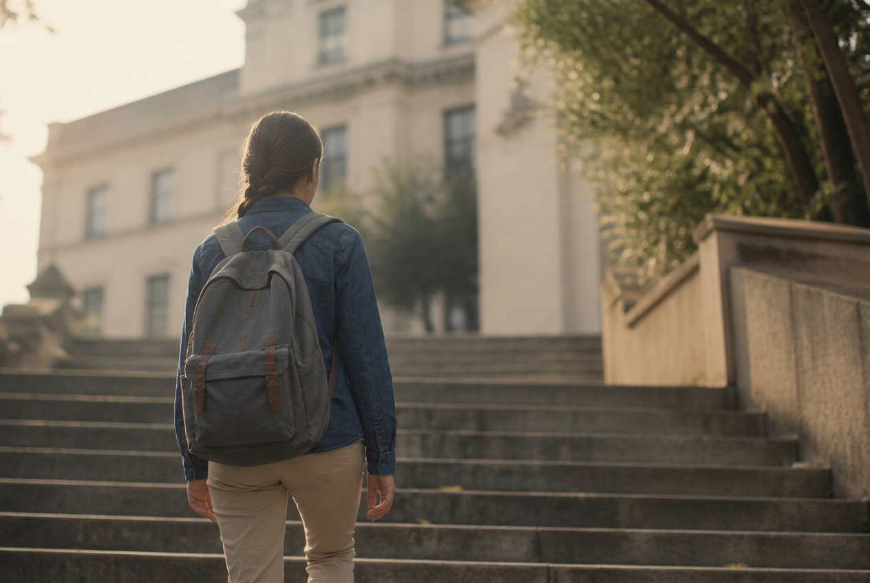 A teenager with a backpack walking up outdoor stone steps in warm afternoon light.